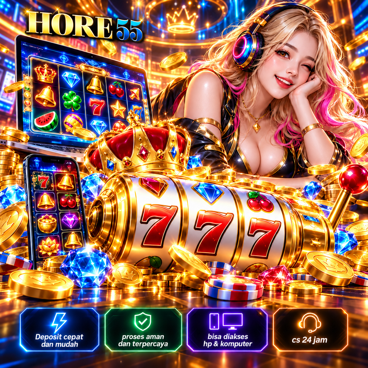 Poster ilustratif HORE55 nomor 1 dengan nuansa neon dan elemen game digital