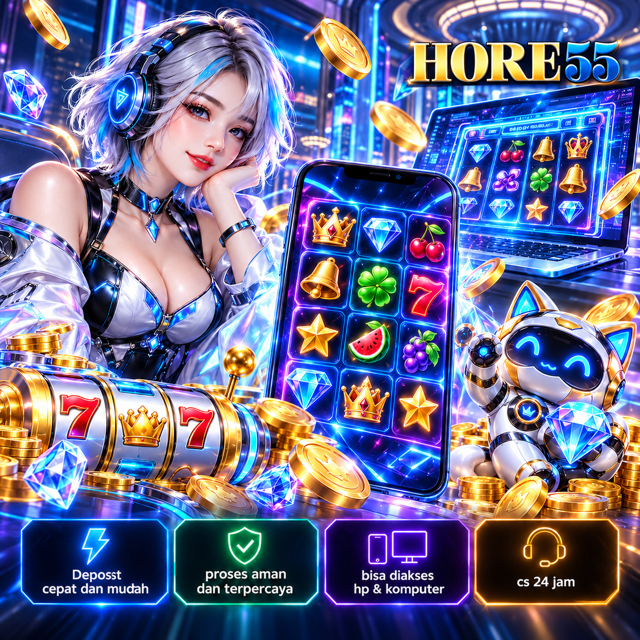 Poster ilustratif HORE55 nomor 2 dengan nuansa neon dan elemen game digital